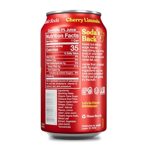 Image of Poppi Prebiotic Soda, Sparkling Water & Fruit Juice, Cherry Limeade, 12 Oz, 12 Pack