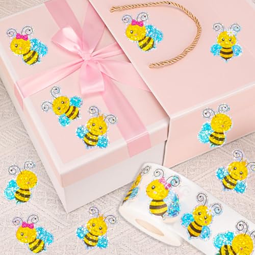 Image of 500Pcs Summer Bee Stickers Roll 1.5in Large Glitter Bumble Bee Seal Stickers 5 Designs Cartoon Animal Waterproof Classroom Reward Decals for Spring Bottle Scrapbook Journal Decor