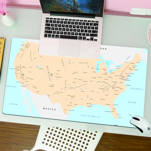 QRFASFZO Alfombrilla Ratón,XXL 80x30 cm Mouse Pad Grande Gaming, Alfombrilla Antideslizante,Tapete Escritorio con Bordes Cosidos,Paisaje Americano, un Mapa detallado Que destaca países, Ciudades y lu