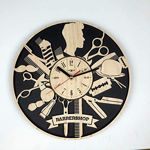Presents Wood Eco Friendly Silent Quartz Movement Wood-Unique Barber Shop and Salon Decor Wall Clock for Home Wall art, 12 Inch, Black Brown