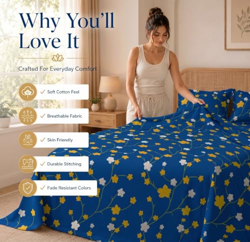 Image of HOMEKART Glace Cotton 160 TC Star Double Bedsheet with 2 King Size Pillow Covers | Soft & Durable | 86 x 88Inches (Dark Blue & Yellow)