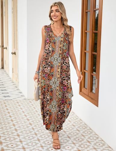Image of JollieLovin Women Plus Size Summer Tank Maxi Dresses Sleeveless Causal V Neck Beach Long Dresses Swim Cover up (L-5X)