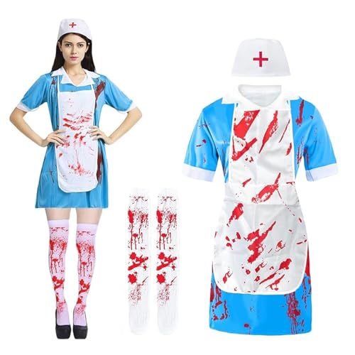 BUERPINKING Krankenschwester Kostüm Halloween, Krankenschwester Kostüm Set für Erwachsene Horror Blutige Krankenhausar kleid Uniform Zubehör,...