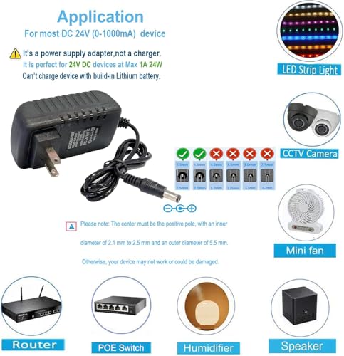 MTYTOT DC 24V 1A Power Supply Adapter 24W AC Adapter 100-240V 50-60Hz to DC 24 Volts 1Amp 4.6ft Power Cord Transformer with 5.5mm X 2.5mm/2.1mm US Plug for DC24V 1A LED Strip Light CCTV Camera