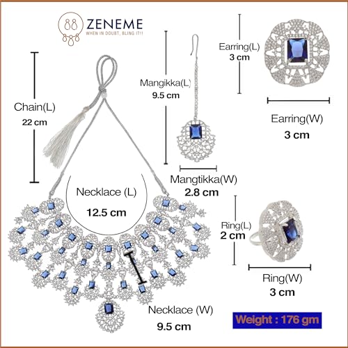 Image of ZENEME Rhodium-Plated American Diamond Studded Tasselled Necklace With Earrings Ring & MaangTikka Jewellery Set For Girls and Women