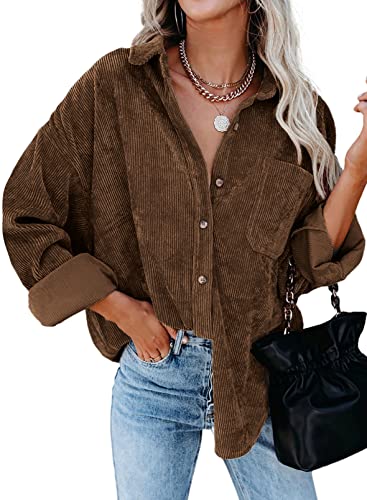 Dokotoo Womens Corduroy Button Down Shirts Boyfriend Long Sleeve Oversized Blouses Tops