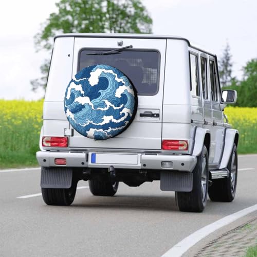 Image of Blue and White Wave Spare Tire Cover 15 inch Wheel Japanese Abstract Protectors Weatherproof Universal for Trailer Tire Cover Rv SUV Truck Camper Travel Trailer