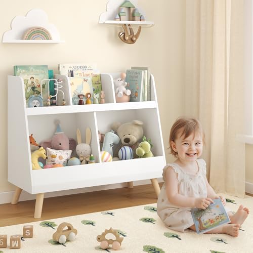 Image of Curipeer Kids Bookshelf and Toy Organizer, 5 Cubbies Wooden Open Bookcase, 2-Tier Baby Storage Display with Legs, Free Standing Bookshelf for Playing Room, Bedroom, Nursery, Classroom, White