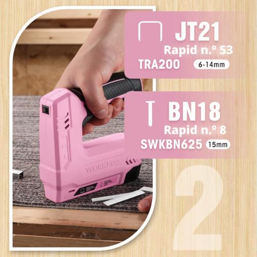 Miniatura 3 de Workpro - Grapadora Inalámbrica 3,6 V, 2000 Mah, 2000 Grapas, Grapadora Multifunción 2 En 1, Compatible Con Clavos Y Grapas Tipo 53, 8 Para Proyectos De Bricolaje En Muebles, Carpintería Rosa
