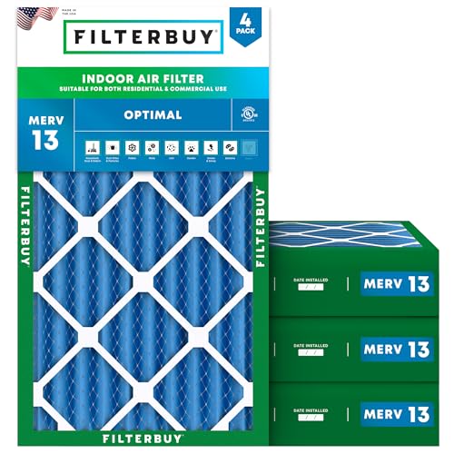 Image of Filterbuy 12x24x4 Air Filter MERV 13 Smoke & Allergy Defense (4-Pack) | Electrostatic Pleated HVAC AC Furnace Filters Replacement, Made in USA (Actual Size: 11.50 x 23.38 x 3.63)