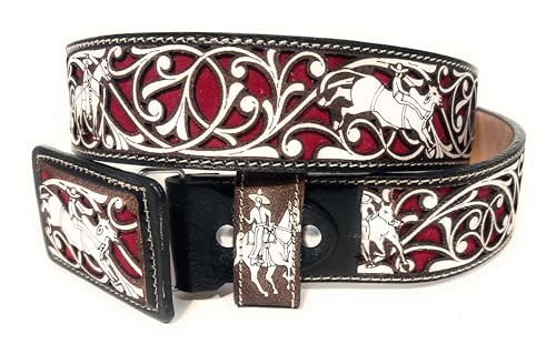 Men's Black and Red Western Cowboy Rodeo Belt, Cinto Charro Suertes Charras Cinturon Vaquero2