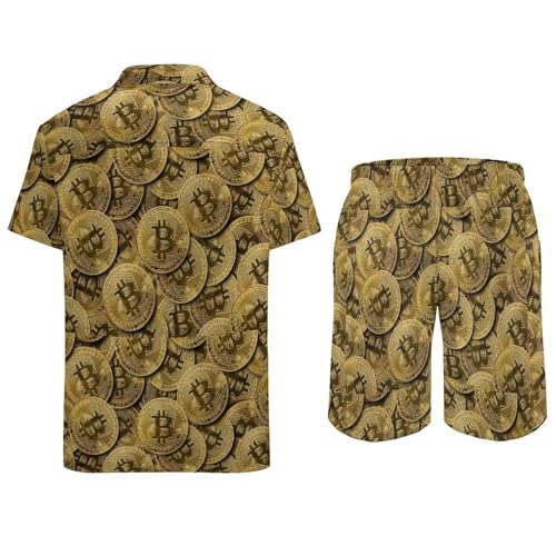 Coin Bitcoin Pattern Men's Tropical Short Sleeve Two Piece Suit, Suitable for Vacation, Beach And Casual Wear3