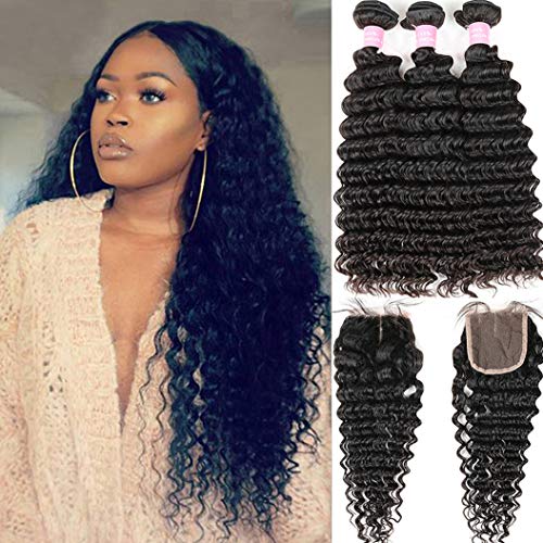 Brazilian Deep Wave 8A Unprocessed Virgin Hair 3 Bundles with Middle Part Lace