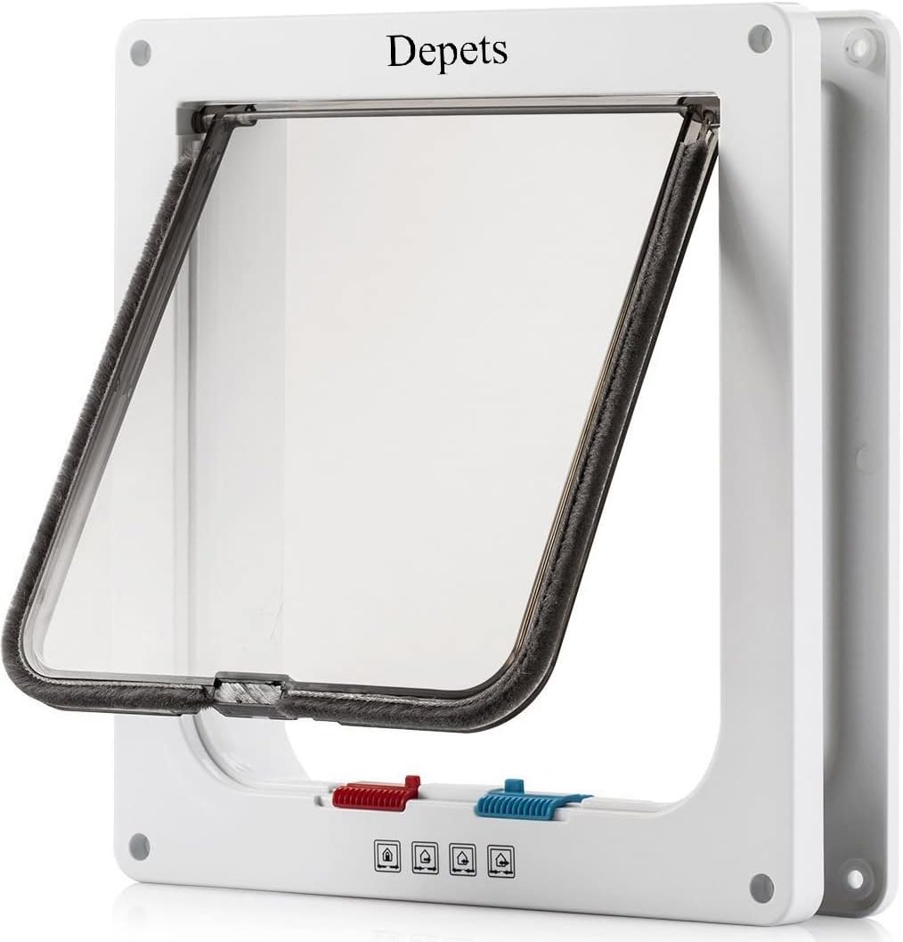 Depets Large Cat Door (Outer Size 9.9" x 9.2"), 4 Way Locking Cat Flap Door for Interior Exterior Doors, Weatherproof Pet Door for Circumference < 23"