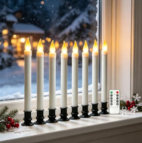 Image of Christmas Window Candles - 10in Flameless Taper Candles with Suction Cups Flickering Timer for Halloween Christmas Wedding Home Decor Candlesticks Fireplace (6pcs-Black)