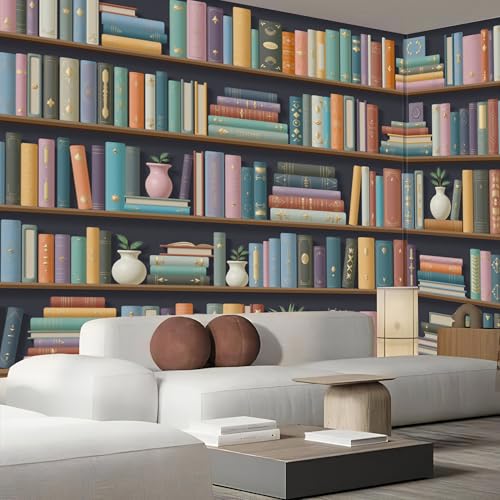 Papier peint bibliothèque pour agrandir un salon avec un mur 3D