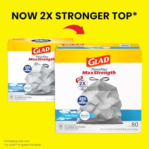 Image of Glad ForceFlex MaxStrength Kitchen Trash Bags, 20 Gal, Fresh Clean Febreze, 80 Ct (Package May Vary) (Pack of 3)