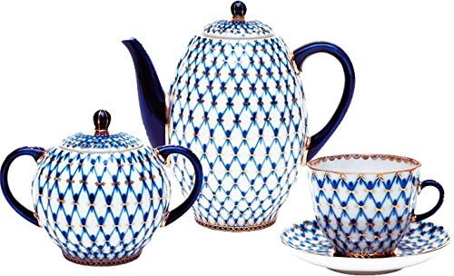 Lomonosov Porcelain Imperial Espresso Coffee Set Tulip Cobalt Net 14 pc for 6 Persons