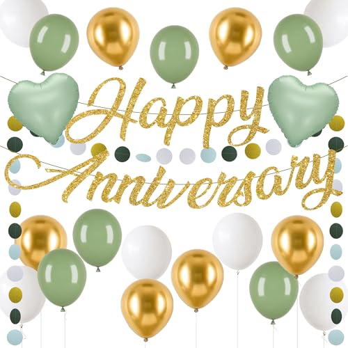 Happy Anniversary Banner Wedding Decorations - 24 Pcs Green Gold Anniversary Decoration Including Banner Latex Balloons for Valentines Day Celebrations Events Romantic Night Weddings