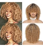 LYOLKSER glueless human hair wig short curly wig with bangs 100 percent human hair no lace front ...