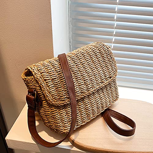 Straw Bag, Beach Bag for Women, Handwoven square Handbag, Adjustable Leather Shoulder Strap Crossbody Bag Suitable for Beach, Travel, Daily Matching(Khaki)3