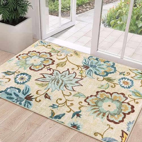 Beeiva Floral Washable 3x5 Area Rugs, Paisley Non Slip Rugs for Bedroom, Throw Ultra Thin Beige Carpet Entryway Carpets with Rubber Backing for Bathroom Kitchen Office