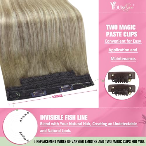 Image of YoungSee 140G Wire Hair Extensions Ombre Blonde Invisible Wire Human Hair Extensions Ash Blonde to Platinum Human Hair Fish Line Extensions Long Straight Hair 24Inch