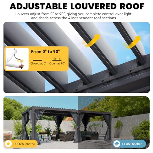 UPHYB Louvered Pergola 12x24ft, Adjustable Aluminum Pergola with Waterproof Curtains and Nets, Sun & Rain Shade for Patio, Modern DIY Outdoor Living Upgrade, Dark Grey - Image 2