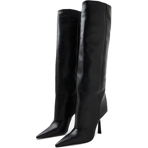 Goolita Fold Over Boots For Women, Pointed Toe Stiletto Heel Knee High Boots Fashion Comfortable Slip On Tall Boots