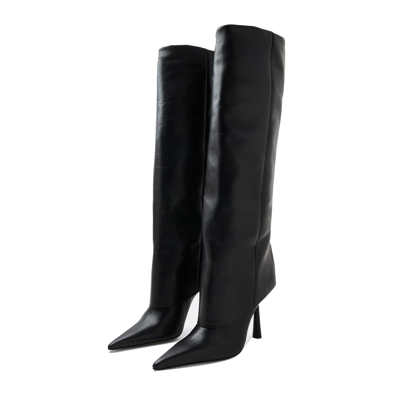 Goolita Fold Over Boots For Women, Pointed Toe Stiletto Heel Knee High Boots Fashion Comfortable Slip On Tall Boots