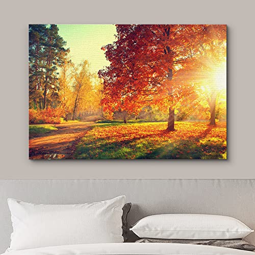 Wall26 Canvas Print Wall Art Path Through Red & Orange Autumn Park Nature Wilderness Photography Modern Art Rustic Scenic Colorful Multicolor For Living Room, Bedroom, Office - 24"X36" #TOP2