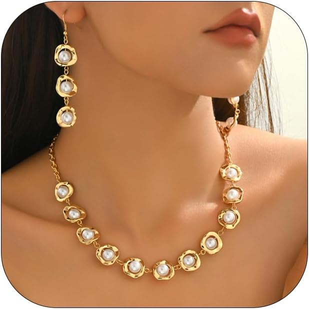 Gold Pearl Pendant Earrings Necklace Set for Women Vintage Adjustable Irregular Geometry Imitation Pearl Choker Necklace Earring Trendy Holiday Wedding Prom Jewelry Set for Women