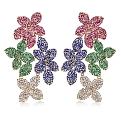 Dangle Crystal Flower Earrings for Women Drop Cubic Zirconia Rhinestones Statement Floral Earrings Fine Jewelry Gift for Wedding Prom Party