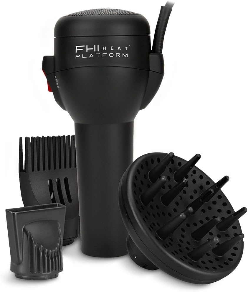 Platform All-In-One Blow Out Handle Less Hair Dryer with Attachment Set, Comb, Concentrator & Diffuser, Black
