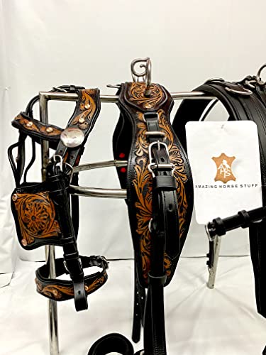 Antique Finished Leather Horse Driving Harness for Single Horse Cart | Stainless Steel Hardware | Tooled & Carved Leather | Copper Studs | (Full, Black & Natural)