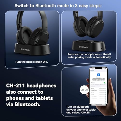 Image of Swiitech Wireless TV Headphones with Charging Dock, 45H Playtime, Black | Bluetooth 5.3, 100ft Long Range, Clear Voice, No Audio Delay, Plug & Play Over-Ear Headset for Seniors