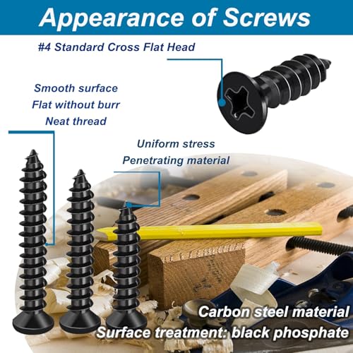 Image of #4 Small Wood Screws Assortment Kit 420PCS, Black Short Phillips Flat Head Self Tapping Cabinet Hinge Screws, Hardened Carbon Steel Tiny Micro Mini Screws with 20Pcs M6 Wall Anchors