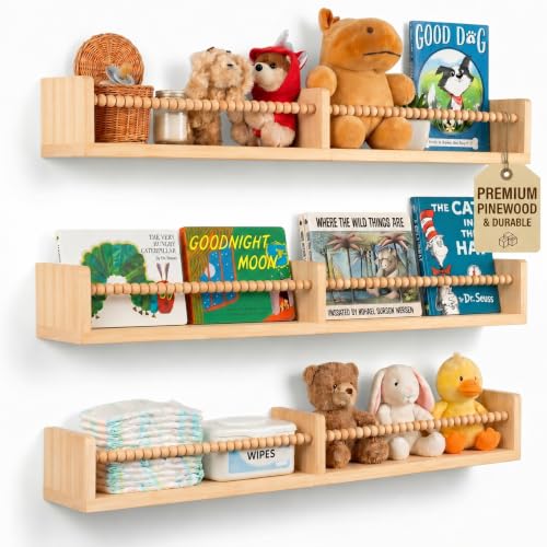 Stelzriede Nursery Book Shelves for Wall – Set of 3 Wooden Wall-Mounted Shelves, Premium Pine Wood, Rounded Edges, Nursery Bookshelf for Kids Room Decor, 31.5" x 3.9" x 3.7"