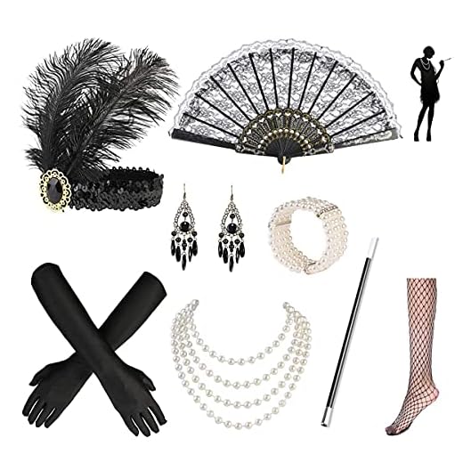 ykop 20-tals tillbehör Gatsby tillbehör 1920-talet kostym damer flik accessoarer set 20-talet tillbehör set retro stil pannband set 8 stycken