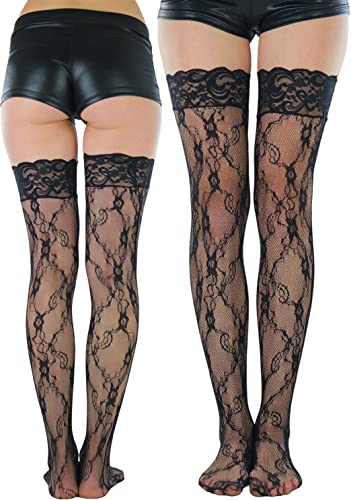 Image of ToBeInStyle Women's Wide Floral Lace Fishnet Thigh Hi Stockings