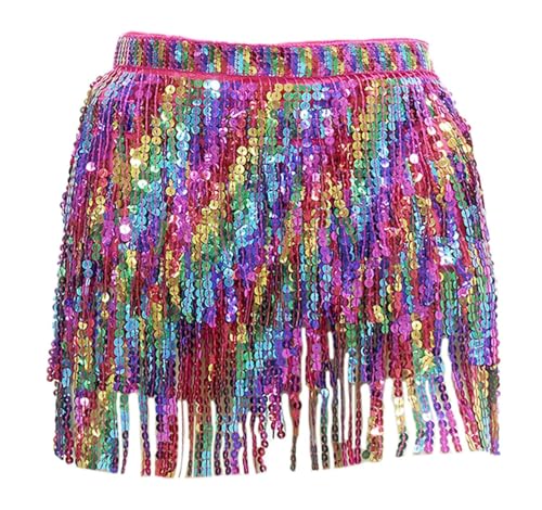 Pailletten Quastenrock für Damen glitzernde funkelnde Fransenröcke für Bauchtanz Hüfttuchröcke 4-lagiger Mini-Wickelrock mit Quasten Regenbogen für Festival-Tanzauftritte metallische Party Gürtel