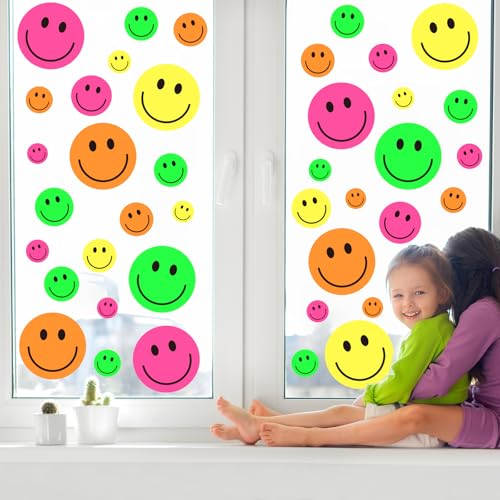 Image of Whaline 9 Sheet Smile Face Window Clings Neon Colored Happy Face Reusable Window Decals for Home Classroom Office Nursery Windows Decor