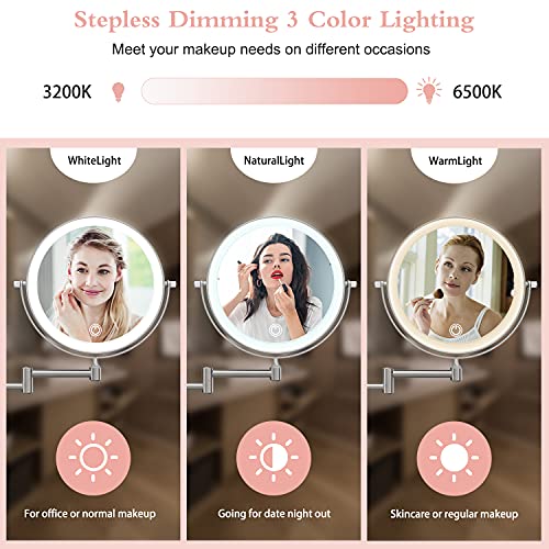 8" Led Lighted Wall Mounted Makeup Mirror Double Sided 10X Magnifying Vanity Light Up Mirror For Bathroom Shaving, Dimmable Led Lights, 3 Color Modes, Extendable Arm, Touch Control, Nickel Finish #TOP1