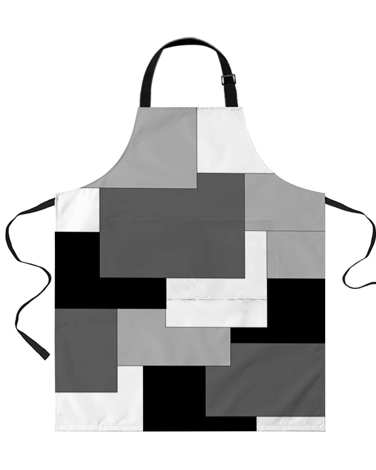 Black White Bib Aprons for Women With Pockets,Middle Century Grey Abstract Patchwork Color Block Art Waterproof Canvas Chef Kitchen Cooking Apron for Painting/Kids Arts And Crafts/Dishwashing/Pottery