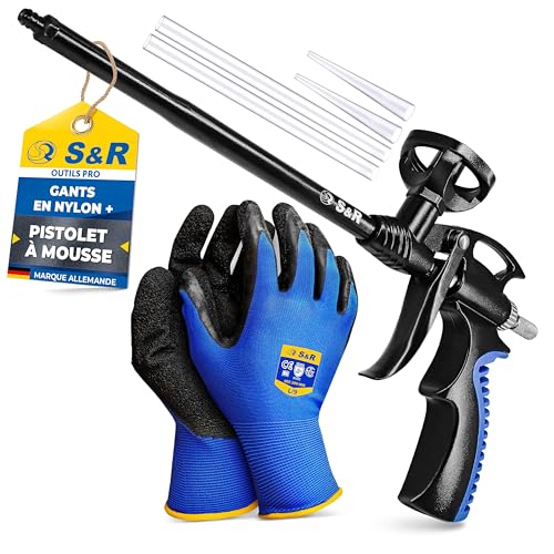 S&R Pistolet à Mousse Expansive Polyuréthane 345mm Pistolet à Calfeutrer Professionnel avec Dosage Mousse réglable et précis. Pistolet mousse + Gants de travail inclus