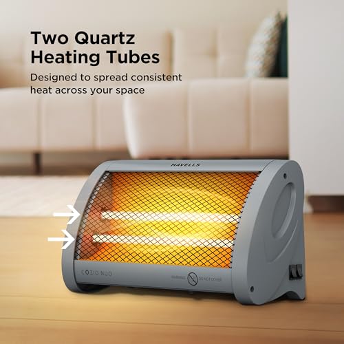 Image of Havells Cozio Nuo Room Heater| Dual Heat Setting 400 /800 Watt| Dual Quartz Heating Rods| Silent Operation| Tip Over Protection| Fire Retardant Material| Anti Rust Reflector| 2 Year Warranty(Grey)