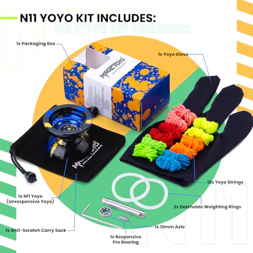 Image of MAGICYOYO N11 Professional Unresponsive Yoyo N11 Dual Purpose Alloy Trick YoYo Ball with Bag, Glove, 12 Strings and Responsive Bearing Kit (Black Blue Yellow)