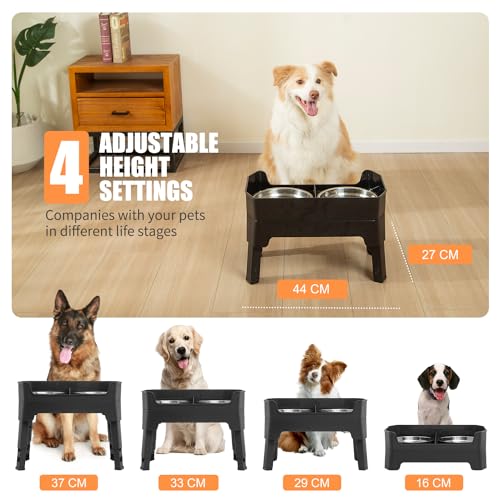FOREYY 4-in-1 Verstellbare hundenapf erhöht mit 2 Edelstahlnäpfen und 1 Anti Schling Napf, futternapf Hund erhöht in 4 Höhen, Rutschfester Hunde Futterstation für mittlere & große Hunde (Grau)