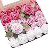 Floroom Artificial Flowers 25pcs Real Looking Blush Pink Ombre Colors Foam Fake Roses with Stems for DIY Wedding Bouquets Bridal Shower Centerpieces Floral Arrangements Party Tables Home Decorations
