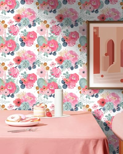 Papel pintado autoadhesivo de flores acuarela Floralplus 45x299 cm blanco y rosa 3